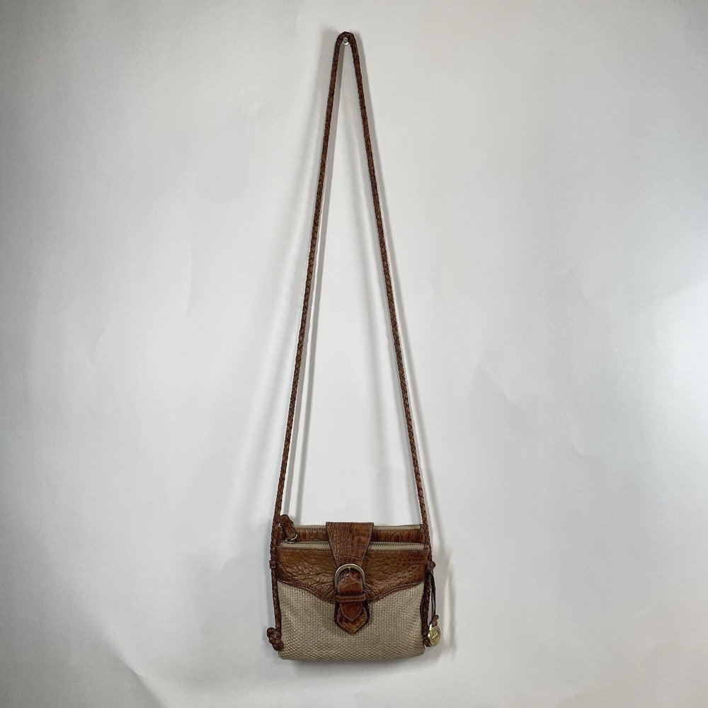 Brahmin Vintage Crossbody Mini Purse Beige Canvas Toasted Almond Croc Leather